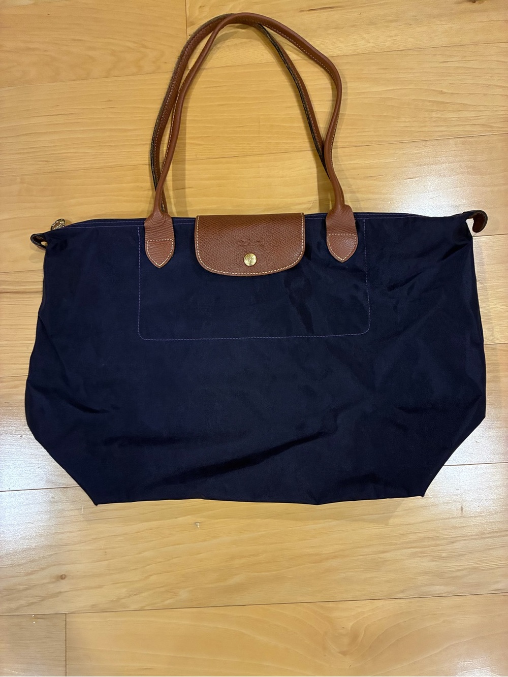 Longchamp Le Pilage Medium Tote in Mulberry with Brown Leather Handles